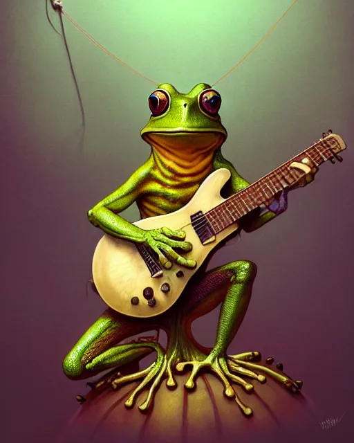 Image similar to anthropomorphic art of a frog with a guitar, medieval clothing by artgerm, victo ngai, ryohei hase, artstation, highly detailed digital painting, smooth, global illumination, fantasy art by greg rutkowsky, karl spitzweg