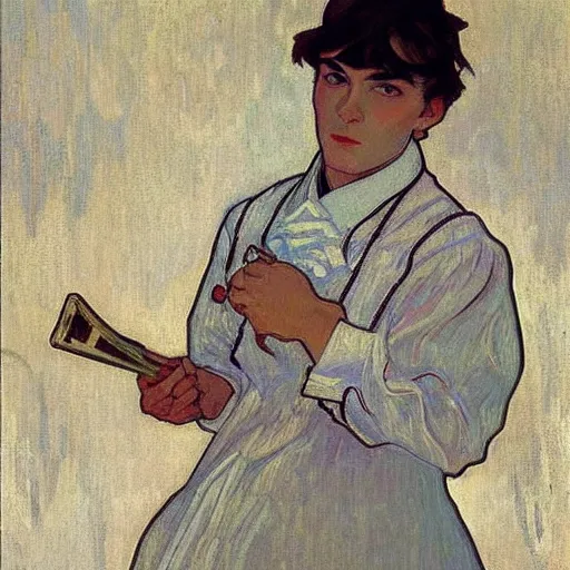 Prompt: painting of grumpy taehyung in a maid outfit, elegant, clear, painting, stylized, art, art by alphonse mucha, vincent van gogh, egon schiele,