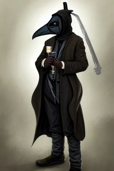 Image similar to Full body Picture of a male Plague doctor, jet black tuffle coat, beaked mask, battle, detailed face features, alone, D&D, by artgerm and Craig Mullins, James Jean, Andrey Ryabovichev, Mark Simonetti and Peter Morbacher, matte painting, trending on artstation, artstationHD, artstationHQ, octane, full HD, 16K, award winning