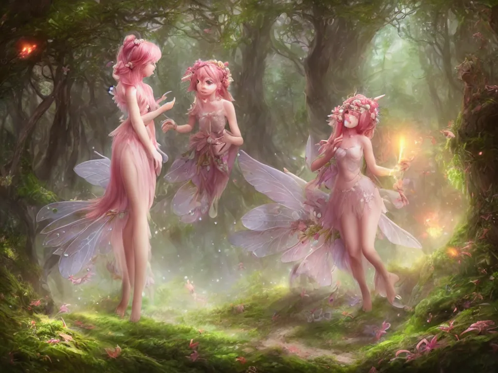 Image similar to two cute fairy in the dreamy forest, fantasy, dreamlike, 8 k resolution, hyper detailed, d & d, character design, digital painting, trending on artstation, sharp focus, illustration, art by artgerm, viktoria gavrilenko, hoang lap, fuji choko, steve zheng