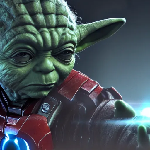 Image similar to yoda as ironman ironman in gears of war, splash art, movie still, cinematic lighting, dramatic, octane render, long lens, shallow depth of field, bokeh, anamorphic lens flare, 8 k, hyper detailed, 3 5 mm film grain