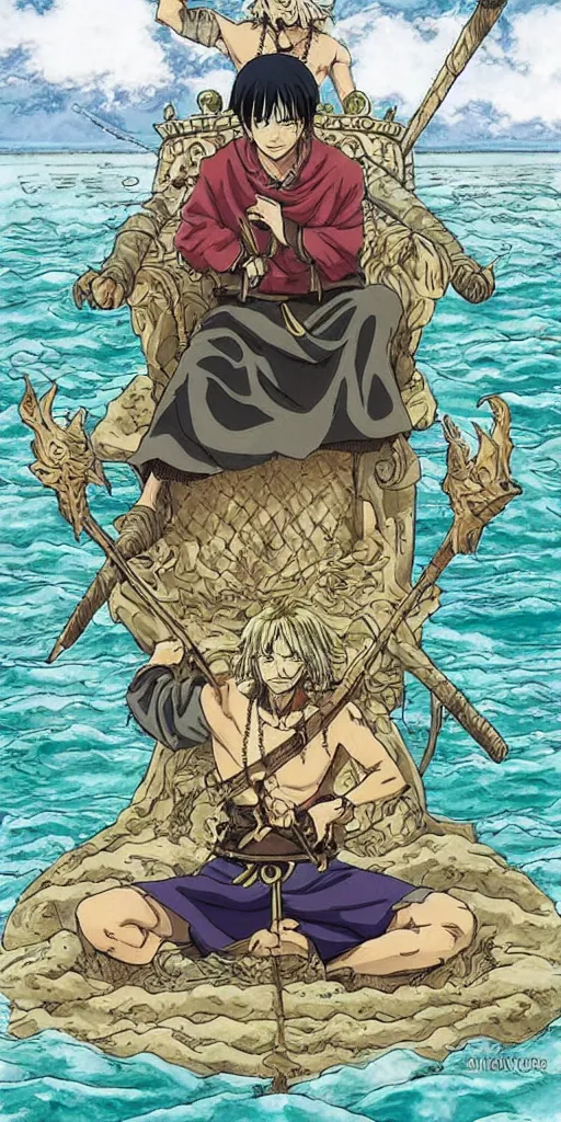 Image similar to a king sitting on a throne floating on water in the middle of a lake drawn by Makoto Yukimura in the style of Vinland saga anime, full color