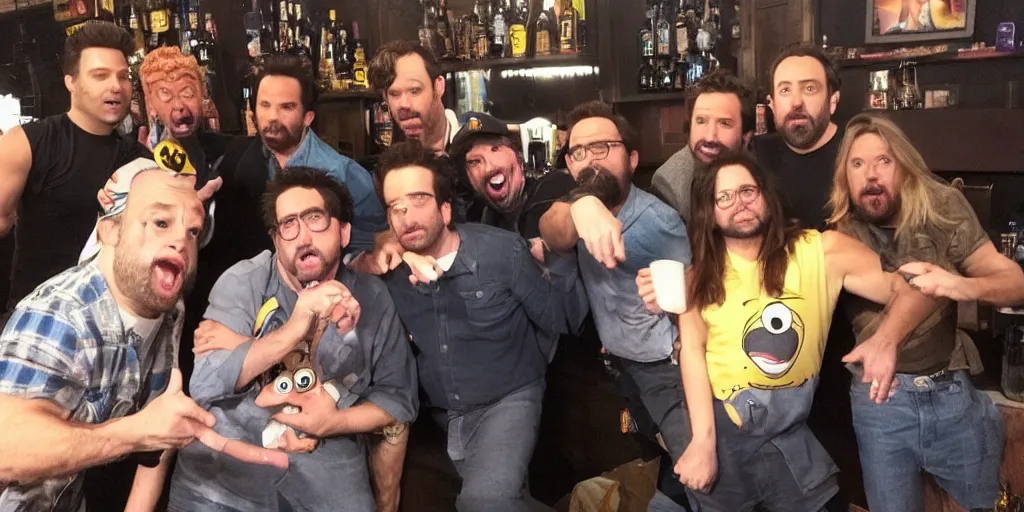Prompt: the gang from Always Sunny in Philidelphia hanging out with the Minions at their bar, FX TV show, lenses, sitcom