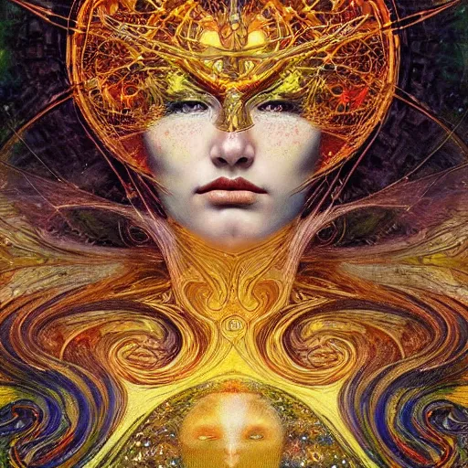 Image similar to Divine Chaos Engine by Karol Bak, Jean Deville, Gustav Klimt, and Vincent Van Gogh, beautiful visionary mystical portrait, sacred, otherworldly, fractal structures, Surreality, SpiralDee, ornate gilded medieval icon, third eye, spirals