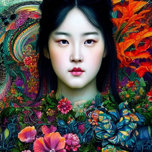 Image similar to portrait of liu yifei, hyper detailed masterpiece, neon floral pattern, jean giraud, digital art painting, darkwave goth aesthetic, psychedelic, artgerm, donato giancola and tom bagshaw