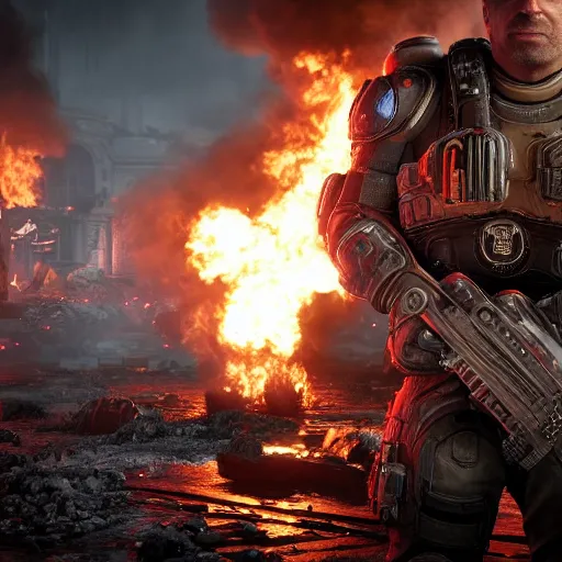 Prompt: joe biden with flamethrower in gears of war, splash art, movie still, cinematic lighting, ray tracing, octane render, long lens, shallow depth of field, bokeh, anamorphic lens flare, 8 k, hyper detailed, 3 5 mm film grain