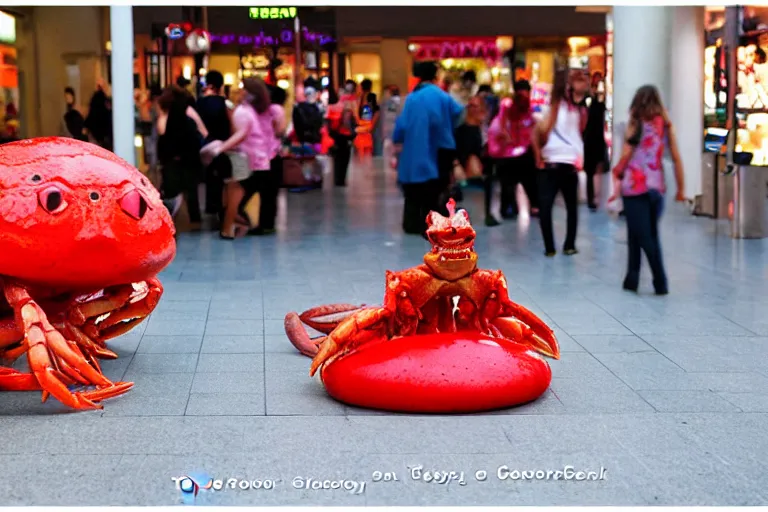 Prompt: a cosplayer cosplaying as a cute crab, in 2 0 0 2, at a mall, street style, royalcore, low - light photograph, photography by tyler mitchell