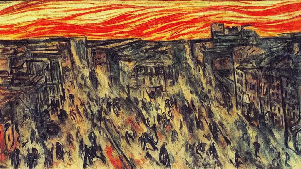 Prompt: a town being bombed on market sunday, tragic painting by edvard munch