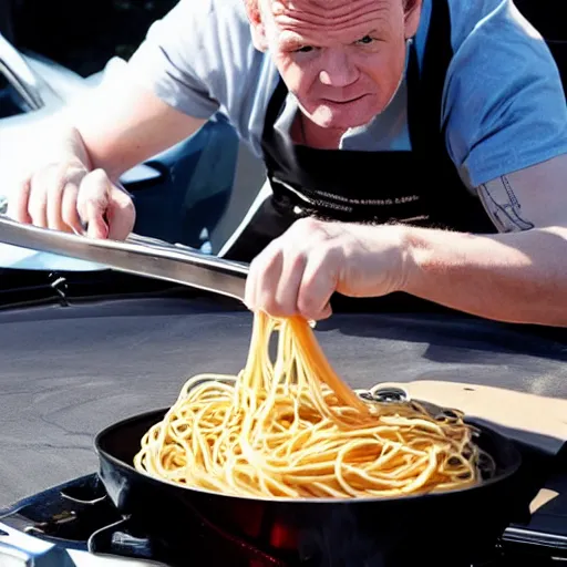 Image similar to <photo hd>Gordon Ramsey cooking spaghetti on the hood of his car</photo>