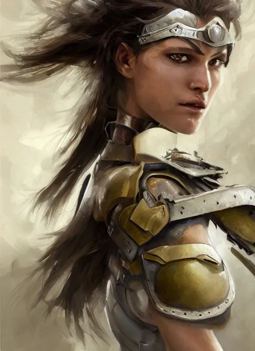 Image similar to a professionally painting of an attractive young female, partially wrapped in battle armor, olive skin, long dark hair, beautiful bone structure, perfectly proportioned, symmetrical facial features, intricate, elegant, heroic pose, digital painting, concept art, smooth, sharp focus, finely detailed, beautifully framed, from Metal Gear, in the mixed styles of Ruan Jia and Mandy Jurgens and Artgerm and William-Adolphe Bouguerea