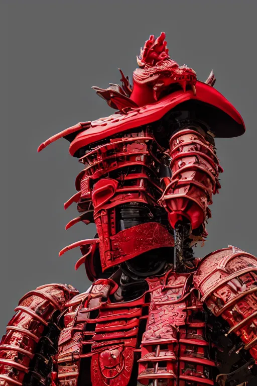 Image similar to photography of a mechanical dragon samurai in red japanese armor taken with Leica M11 , in human form, full body, ultra realistic, octan render