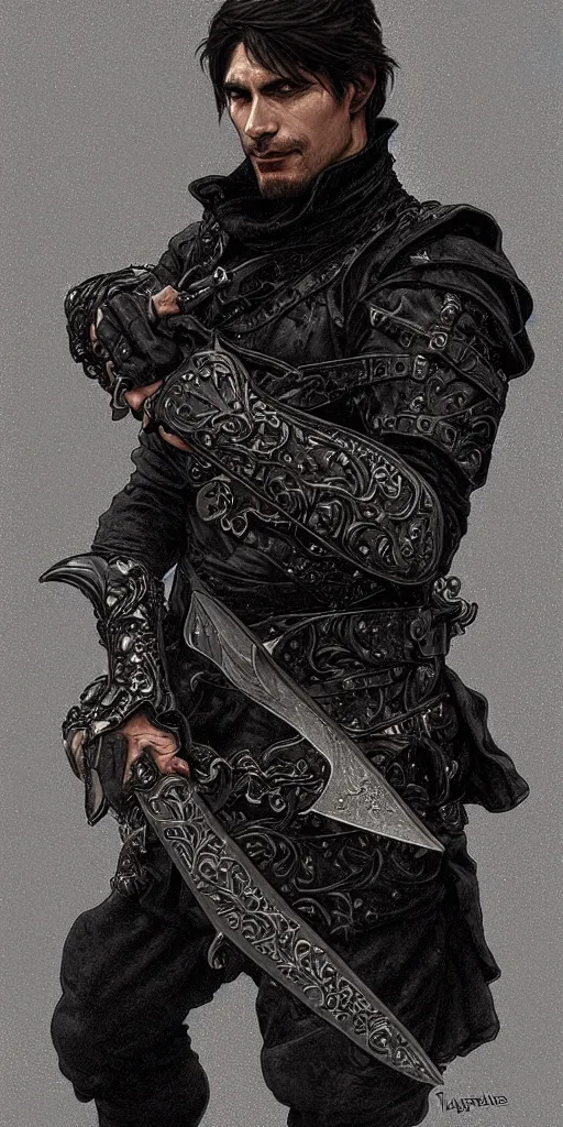 Prompt: portrait of andrei andrei as a thief wearing black leather armor and wielding a dagger in a dark alleyway, fantasy, intricate, elegant, highly detailed, digital painting, artstation, concept art, matte, sharp focus, illustration, art by travis charest and alphonse mucha