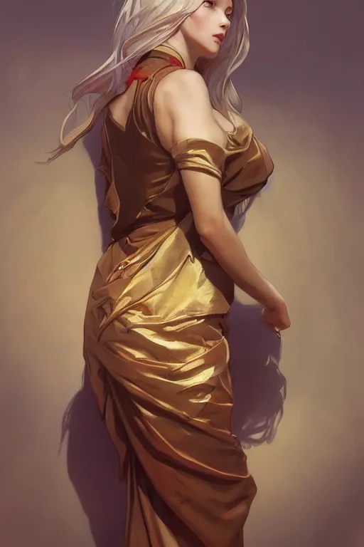 Image similar to a girl wearing a golden dress, grey hair, red necktie, cinematic, stunning, highly detailed, digital painting, artstation, smooth, hard focus, full body shot, illustration, art by artgerm and greg rutkowski and alphonse mucha