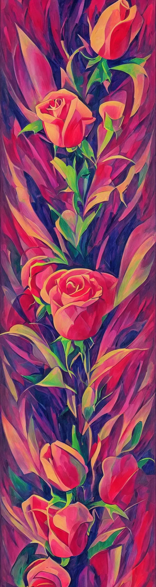 Image similar to an art deco painting of a rose, by joseph stella, synthwave, behance contest winner, crystal cubism, digital illustration