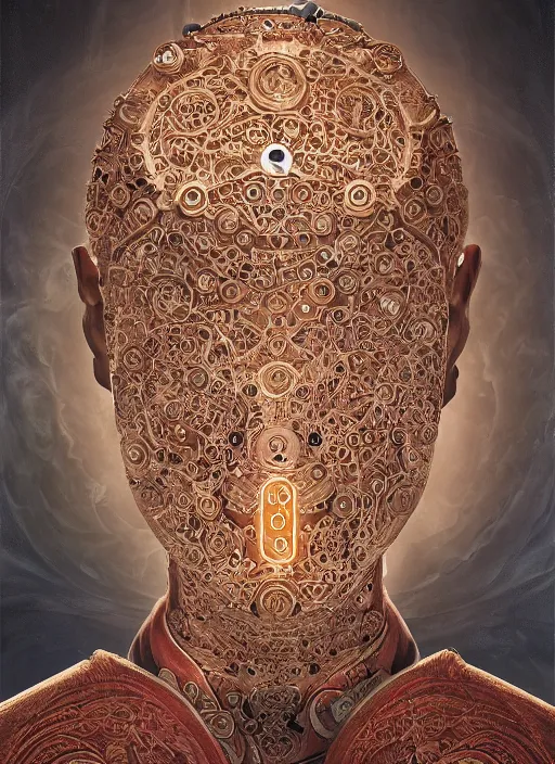 Prompt: portrait of a meditating machine monk cyborg wrapped in sacred scrolls, imari, fractal, in the style of the matrix, intricate ornaments, elegant, highly detailed, digital photography, subsurface scattering, by jheronimus bosch and greg rutkowski,