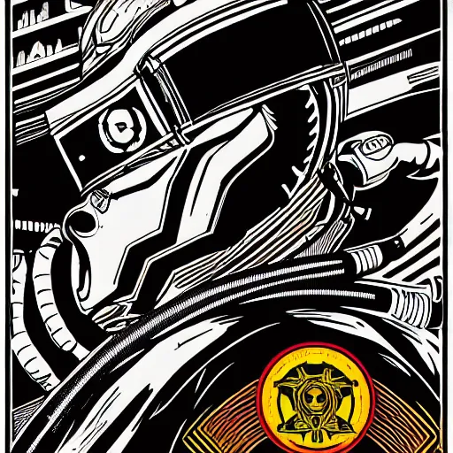 Image similar to Illustrated by Shepard Fairey and H.R. Geiger | Cyberpunk Samurai with VR helmet, surrounded by cables