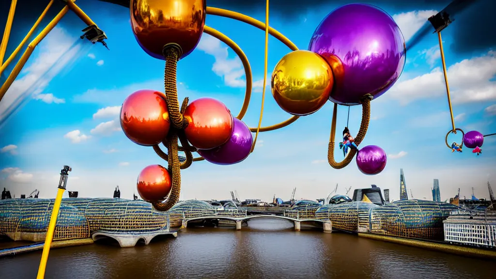 Prompt: large colorful futuristic space age metallic steampunk balloons with pipework and electrical wiring around the outside, and people on rope swings underneath, flying high over the beautiful london city landscape, professional photography, 8 0 mm telephoto lens, realistic, detailed, photorealistic, photojournalism