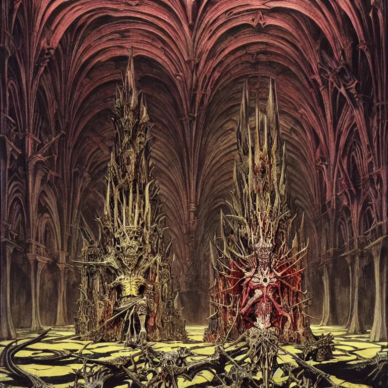 Prompt: A little vibrant. A spiked horned detailed car skeleton with armored joints stands in a large cavernous throne room with. Extremely high details, realistic, fantasy art, solo, masterpiece, bones, ripped flesh, colorful art by Zdzisław Beksiński, Arthur Rackham, Dariusz Zawadzki, Harry Clarke