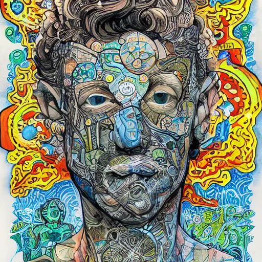 Image similar to the inner self of mark zuckerberg, clockwork engine, psychedelic, lsd, spiritual, mystical, epic beautifully detailed pen, ink and copic markers drawing by milo manara