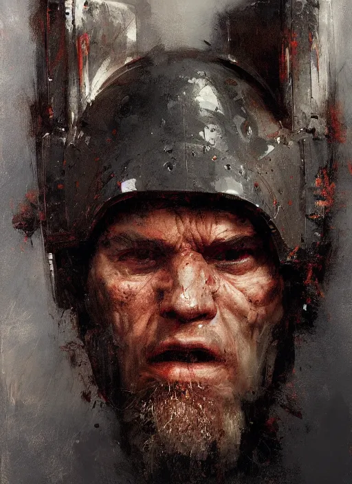 Image similar to portrait painting of berserker with a dinosaur head helmet, by jeremy mann, only one head single portrait