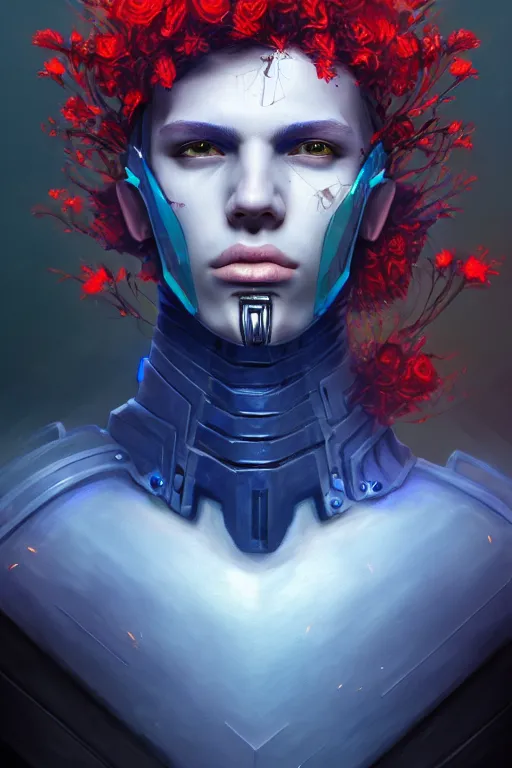 Image similar to portrait of beautiful young man, warhammer, cyber style, cyberpunk armor, a lot of more scars, more and more flowers, blue head, the middle ages, highly detailed, artstation, illustration, artgerm sylvari portrait, 8 k quality, art by rene magritte