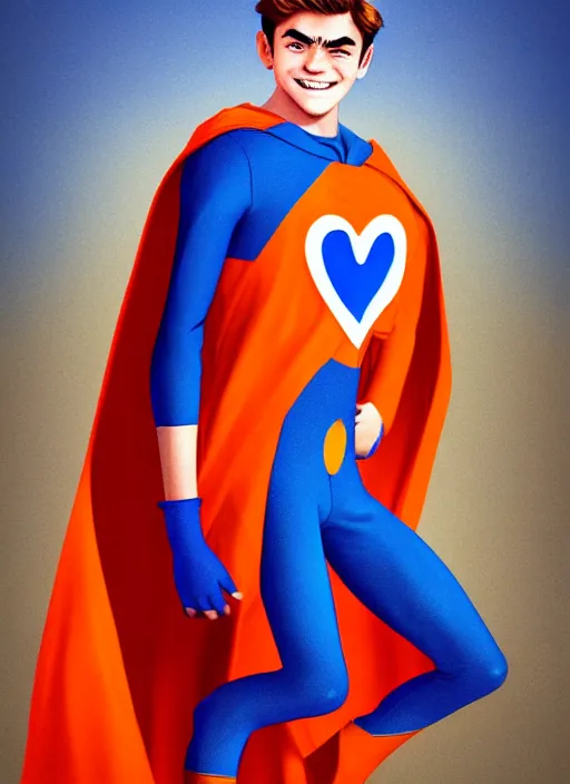 Image similar to friendly teenage archie andrews wearing an orange superhero costume with heart logo, heart, orange costume, blue cape, freckles, cape, heart emblem on chest, heart, blue cape, intricate, elegant, glowing lights, highly detailed, digital painting, artstation, sharp focus, illustration, art by wlop, mars ravelo and greg rutkowski