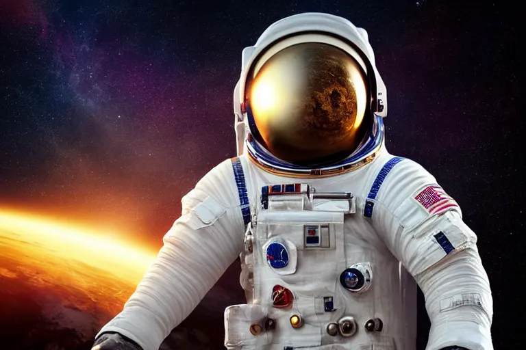 Image similar to astronaut in space wearing a spacesuit floating, meteor hitting earth in background, highly detailed, photorealistic portrait, bright studio setting, studio lighting, crisp quality and light reflections, unreal engine 5 quality render