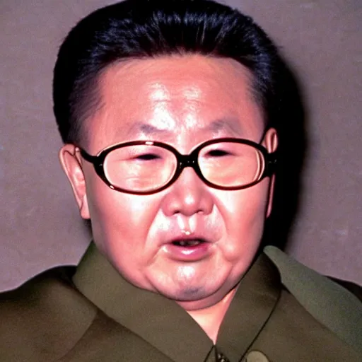 Image similar to a still of Kim Jong-il as Jason Voorhees, north Korean slasher, iconic hockey mask, machete, 35mm film