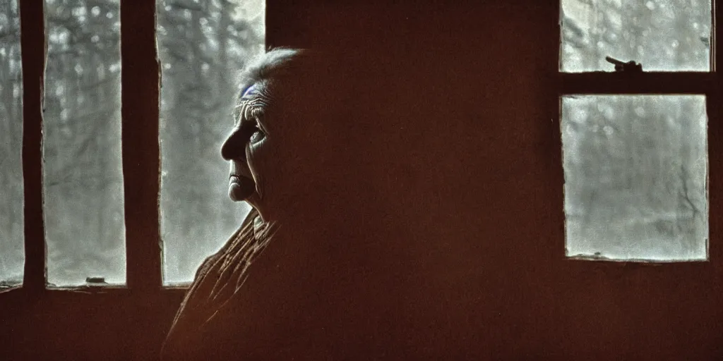 Prompt: portrait bust of old woman, solemn expression, faded color film, russian cinema, tarkovsky, kodachrome, inside old cabin, next to window, heavy forest outside, long brown hair, old clothing, heavy fog, blue hour, hudson river school, 4 k, dramatic lighting, greg rutkowski