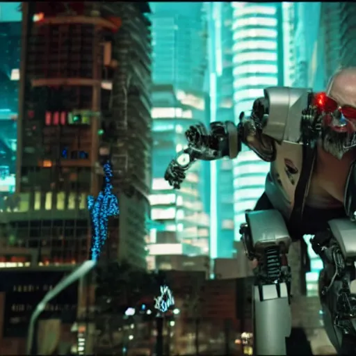 Image similar to cyberpunk buff old man fighting Deadcode humanoid robot Emmanuel Lubezki