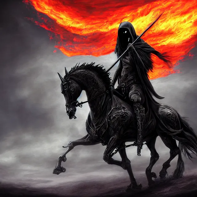 Prompt: fantasy horror painting of the grim reaper riding a black warhorse, holding a wicked scythe, black robe, fiery eyes, matte painting, realistic, super - resolution, perfectionism, elegant, octane engine, neo - gothic, detailed, sharp focus, illustration, coherent