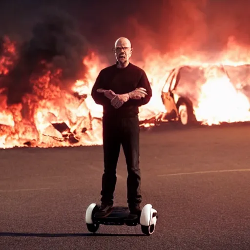 Image similar to Film still of Walter White standing on a hoverboard with several burning buildings behind him, centered, cinematic lighting, highly detailed, 8k