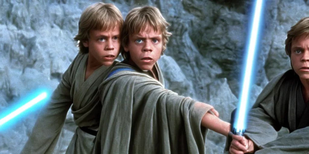 Image similar to A still of Mark Hamill as Jedi Master Luke Skywalker on the right and a young Jedi student on the left, in a Star Wars Sequel, 1990, Directed by Steven Spielberg, 35mm