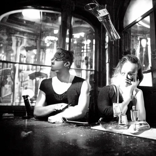 Prompt: two college kids drinking absinthe in ab underground jazz club in paris, with grass for floor. art deco style, dramatic lighting, shadows