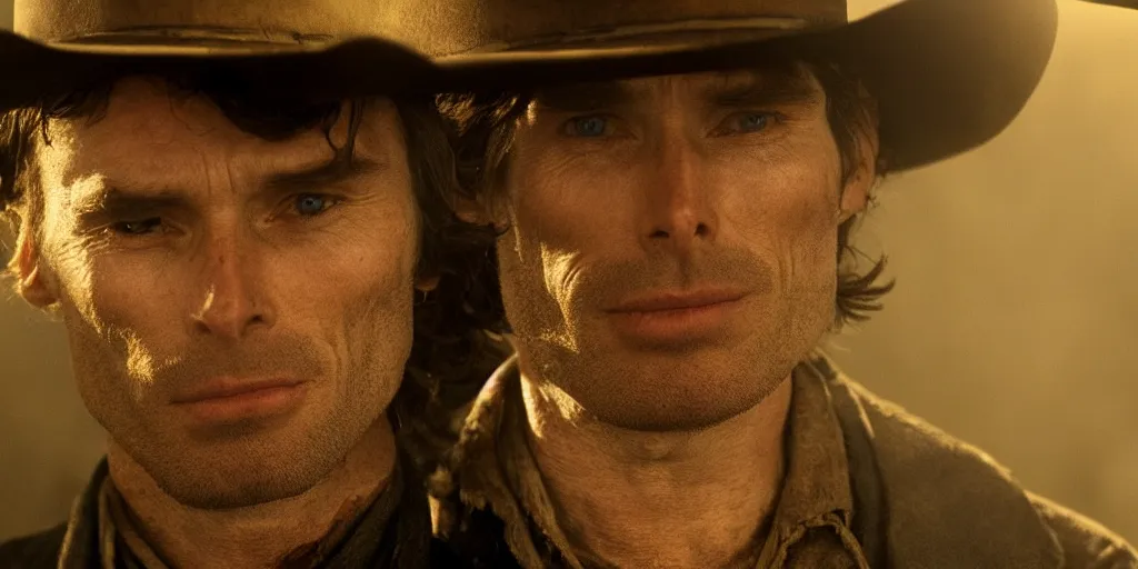 Prompt: portrait of rugged bandit cillian murphy [ alone ] in the old west, strangling a cowboy, volumetric lighting, cinematic, dark, grim. directed by coen brothers.