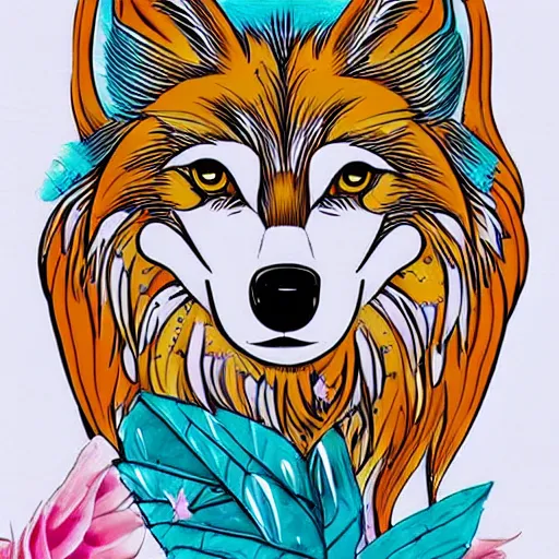 Image similar to Beautiful portrait of an anthro wolf wearing a cute summer outfit Summer Atmosphere. detailed, inked,