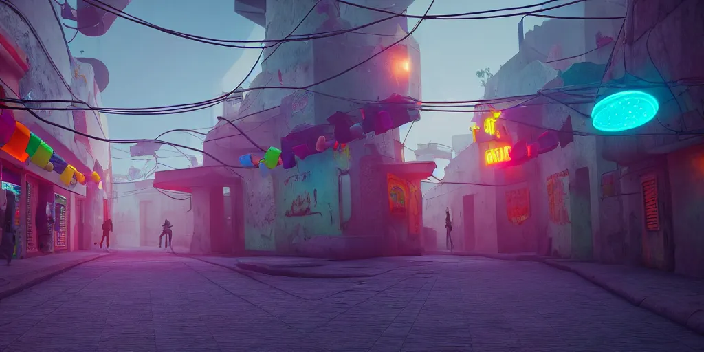 Prompt: angled view of a futuristic small mexican town cobbled street, blade runner 2 0 4 9 city architecture, mexican dia de muertos hanging paper decorations, environmental lighting, stromy weather, ray tracing, amazing view, highly detailed, neon shops, octane render, unreal engine 5, 4 k