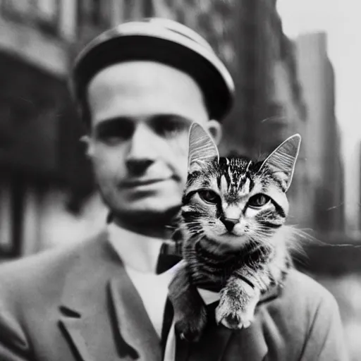 Prompt: futuristic time traveller with cat companion on his shoulder, in 1 9 3 0 s new york, shot on old film, black and white