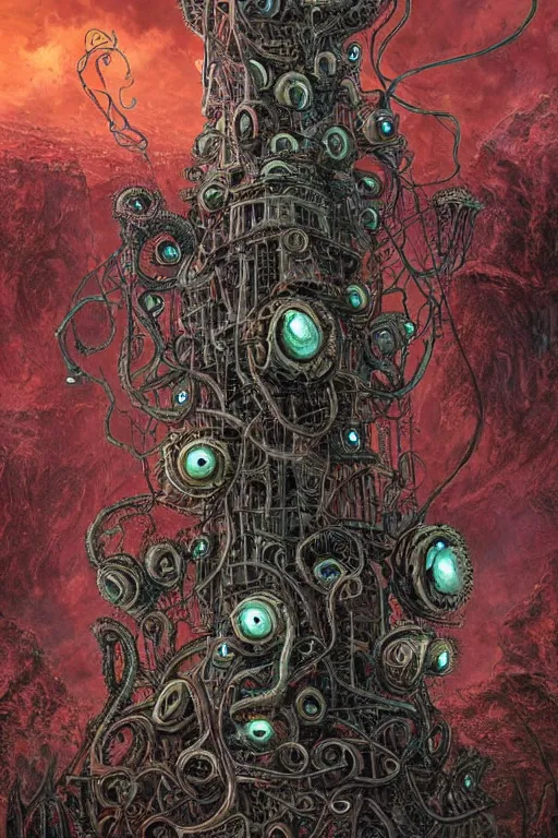 Image similar to lovecraftian biomechanical machine tower with fleshy tendrils, giant eyeball at top!, overlooking dystopian wasteland, highly detailed, colorful with red hues