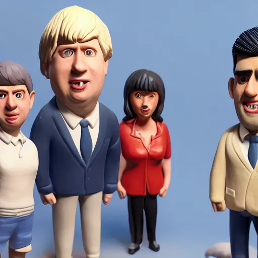 Image similar to clay figurine of boris johnson and rishi sunak and liz truss, blender, unreal engine, concept art, octane render, highly detailed, smooth, sharp focus