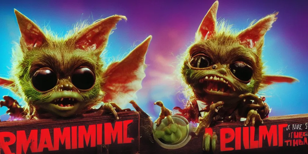 Image similar to Gremlins movie, the gremlins are so high on mdma, trending on Artstation, 8K, ultra wide angle, pincushion lens effect
