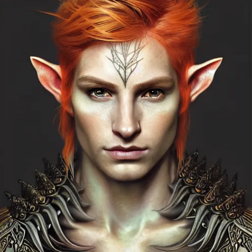 Image similar to portrait painting of a young elven man with a soft face and short light orange hair and tribal tattoos on his face wearing feather armor, ultra realistic, concept art, intricate details, eerie, highly detailed, photorealistic, octane render, 8 k, unreal engine. art by artgerm and greg rutkowski and charlie bowater and magali villeneuve and alphonse mucha