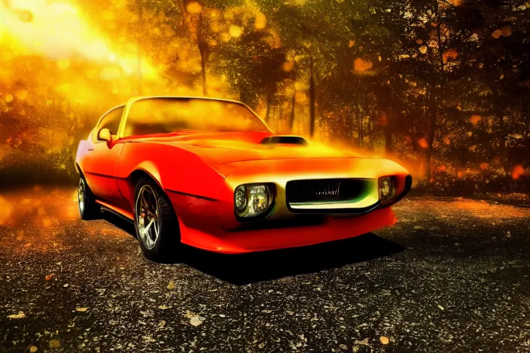 Prompt: pontiac firebird with glowing paint, sunrise, eerie light, fireflies, dramatic, cinematic, forest, sunbeams, volumetric lighting, wide shot, low angle, lightning hitting the car