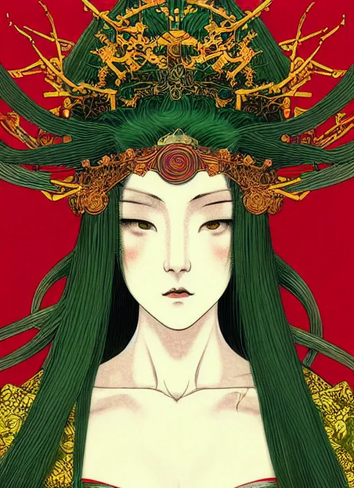 Image similar to a beautiful ukiyo - e portrait of a beautiful cyberpunk elven queen with long red hair, wearing green, red and gold ornate dress, golden intricate crown. detailed symmetrical close up portrait, intricate complexity, concept art, by takato yamamoto, wlop, krenz cushart. cinematic dramatic atmosphere, sharp focus