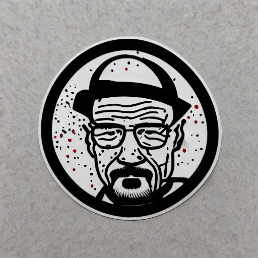 Prompt: die cut sticker, walter white in techwear, breakdancing, splatter paint