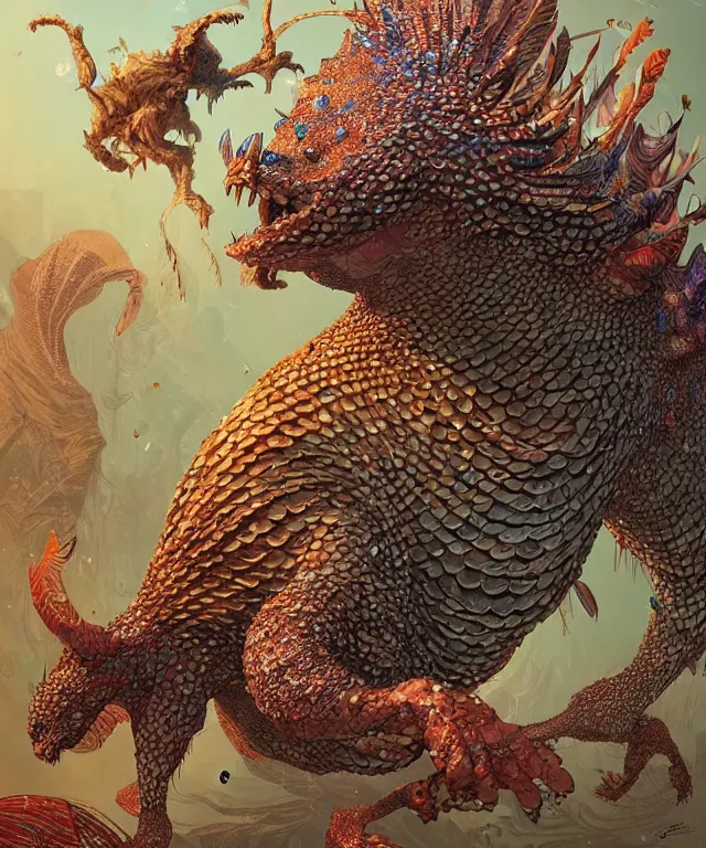 Prompt: a creature covered in scales and feathers spitting acid, fantasy, elegant, digital painting, artstation, concept art, matte, sharp focus, illustration, art by geof darrow and justin gerard