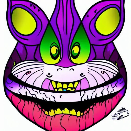 Prompt: psychedelic Cheshire cat smiling way too big, digital art, vector sticker, 2D colors, flat colors