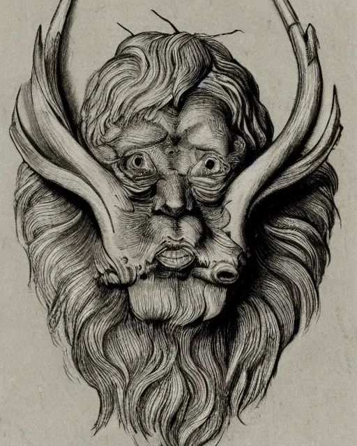 Image similar to a creature, human eyes, eagle beak, lion mane, two horns, drawn by da vinci