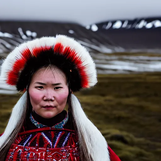 Prompt: ethnographic portraiture photograph of an extremely beautiful!!!! young woman with symmetric face. wearing traditional greenlandic national costume. in iceland. in front of her house. petzval lens. shallow depth of field. on flickr, award winning. national geographic