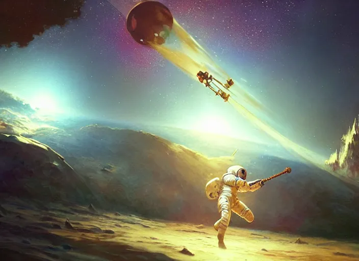 Image similar to craig mullins and ghibli digital illustration of an astronaut floating in the middle of the cosmos playing the oud playing the oud oud oud!!! improvisation, full body!!!, strong contrast, earth, galaxies, ethereal, inviting, bright, unreal engine, hyper realism, realistic shading, cinematic composition, wide shot